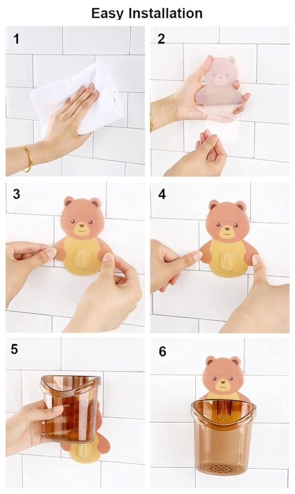 Toothbrush Holder Teddy Bear Magic Sticker Wall Mounted with Self Adhesive (Pack of 2) - Image 3