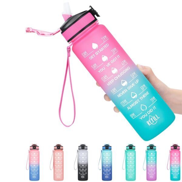 1 litre Motivational Fitness Sport Water Bottle with Straw & Time Maker, Leak-proof, BPA-free